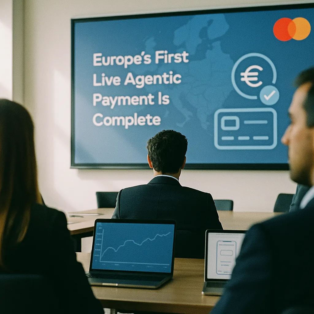 A conference room featuring interface, related to Europe's First Live Agentic Payment Is Complete. Mastercard,