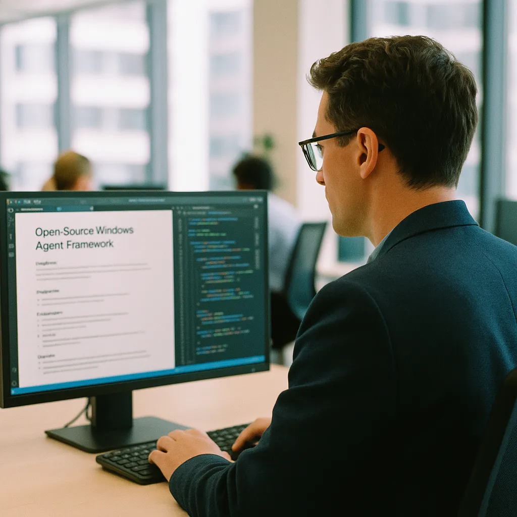 A modern corporate office where a person is operating related to a major software company Open-Sources Windows Agent Framewor