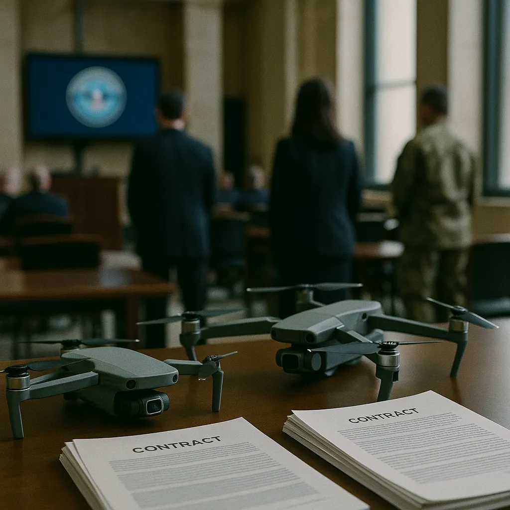 A government building interior featuring contracts, drones, related to Pentagon AI Cybersecurity Framework Is Due to Congress Today from an unusual angle or perspective
