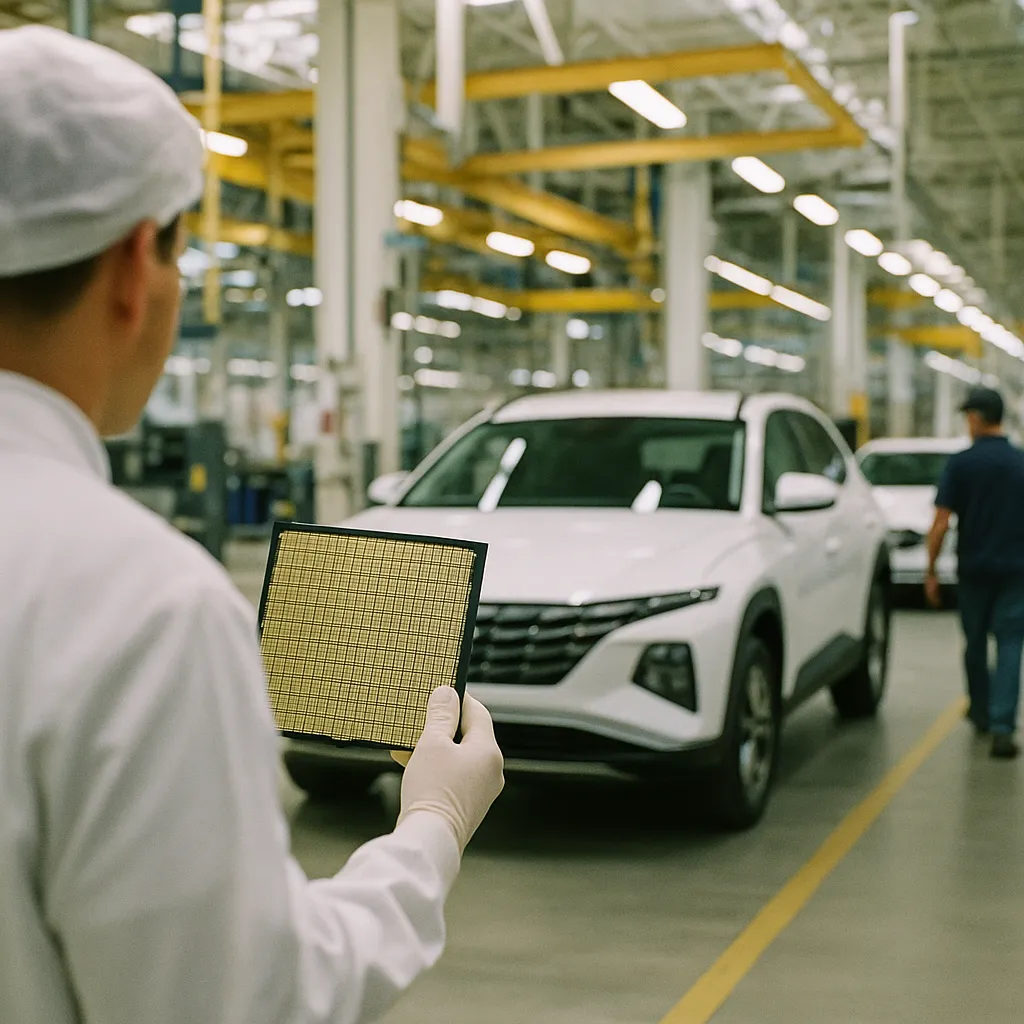 A factory featuring chip, vehicles, related to a chip manufacturer and Hyundai Launch $5.9 Billion AI and R