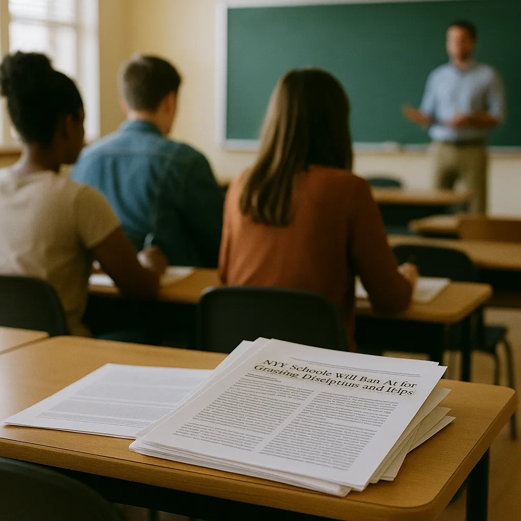A university classroom featuring documents, related to NYC Schools Will Ban AI for Grading, Discipline, and IEPs Un