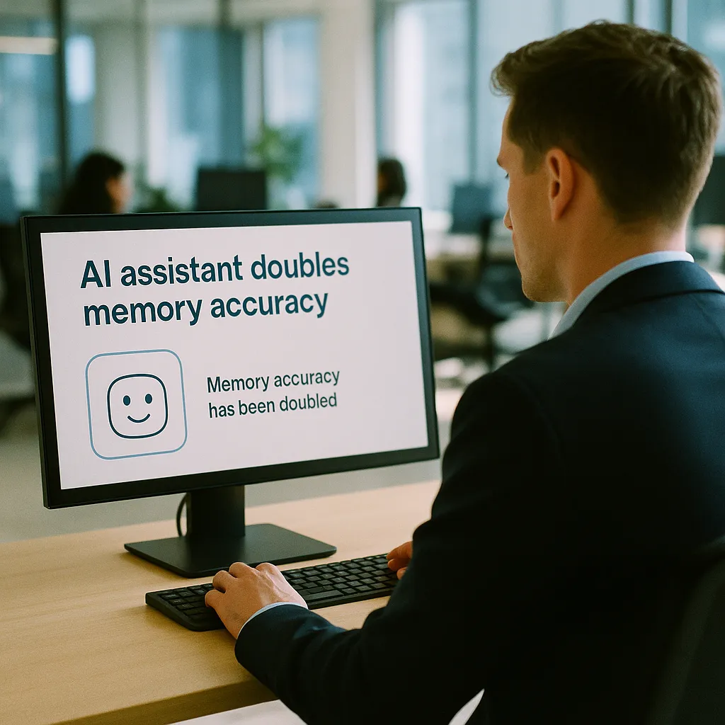 A modern corporate office where a person is testing related to a major AI company Doubles an AI assistant's Memory Accuracy