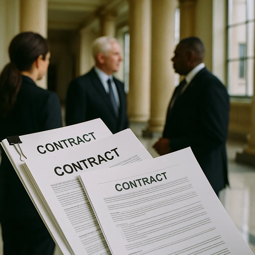 A government building interior featuring contracts, contract, related to Pentagon Formalizes Multi-Vendor AI Strategy With a major AI from an unusual angle or perspective