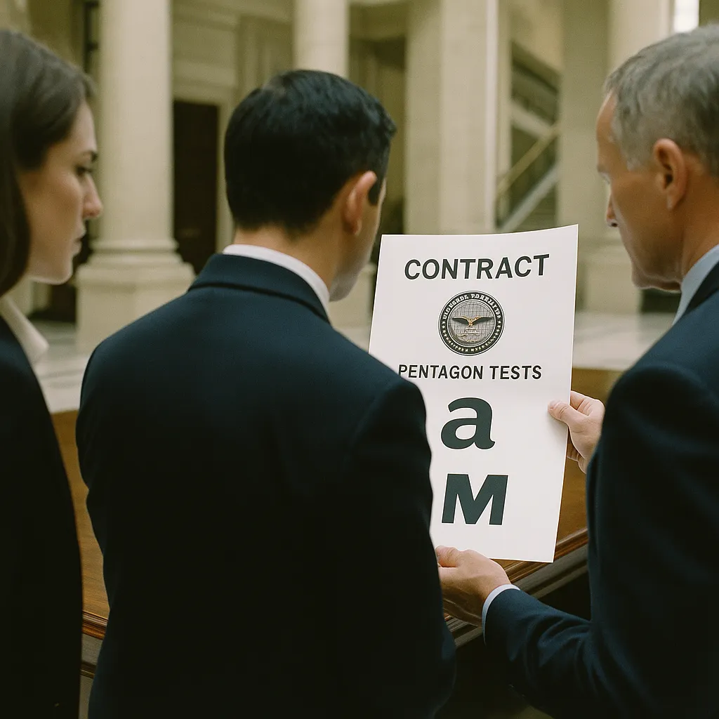 A government building interior featuring contract, field, related to Pentagon Tests a major AI company and a major tech company M from an unusual angle or perspective