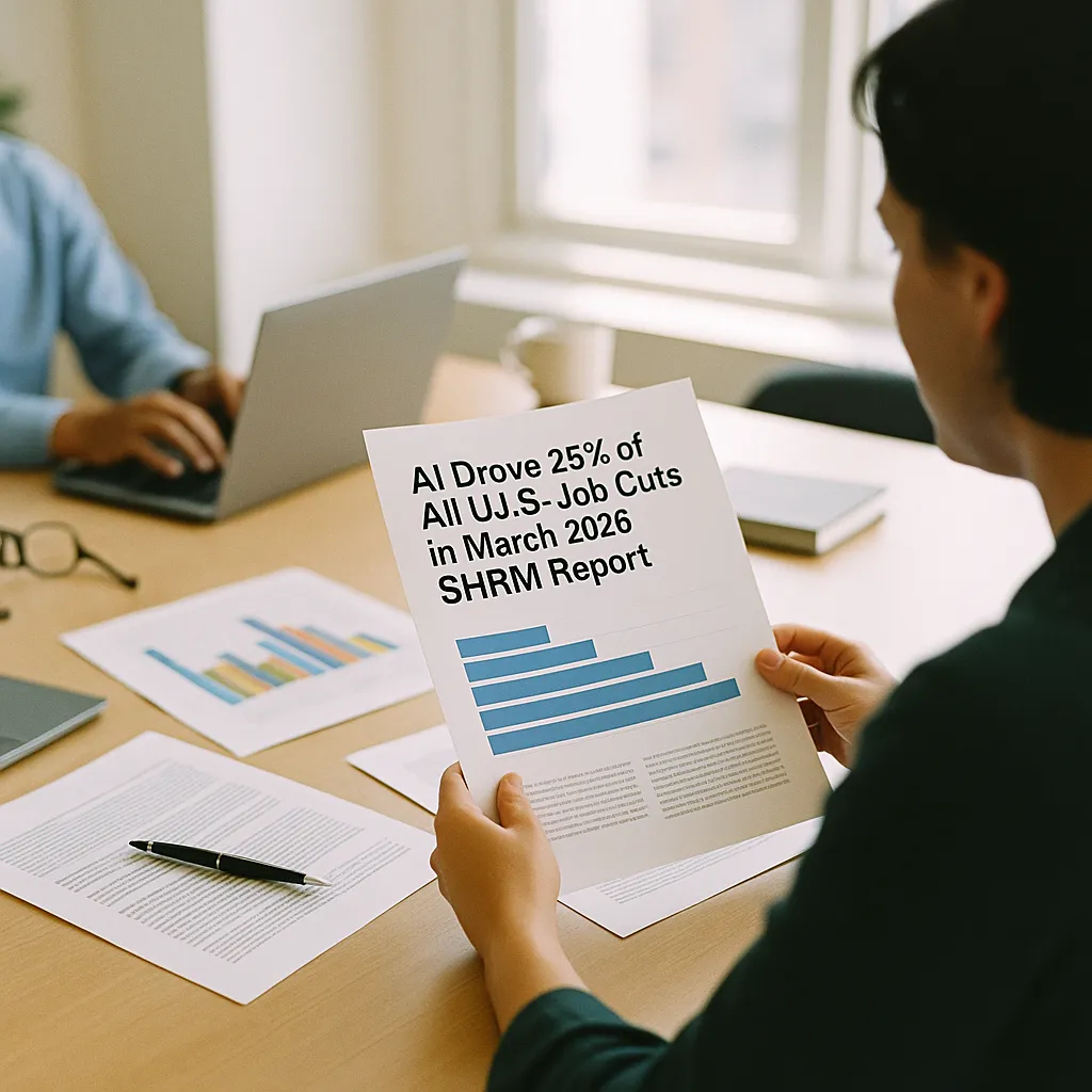 A modern workplace featuring documents, related to AI Drove 25% of All U.S. Job Cuts in March 2026, SHRM Report