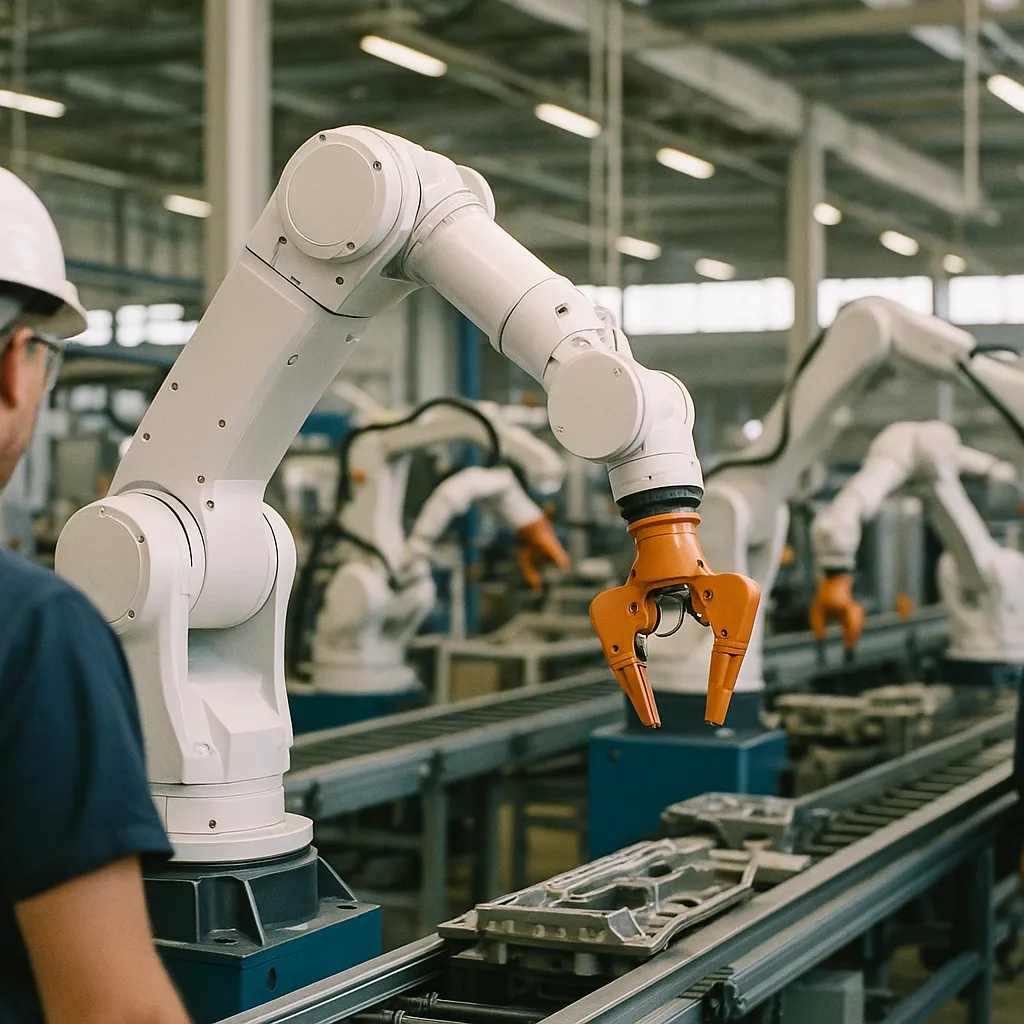 A factory featuring robot, robots, related to LLM Adoption in Manufacturing Doubled in One Year, Smart Fac