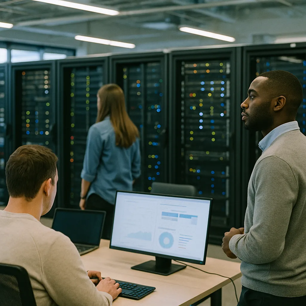 A modern workplace featuring data centers, data center, related to Tech Layoffs Hit 142,000 in 2026 as Profitable Companies Shi from an unusual angle or perspective
