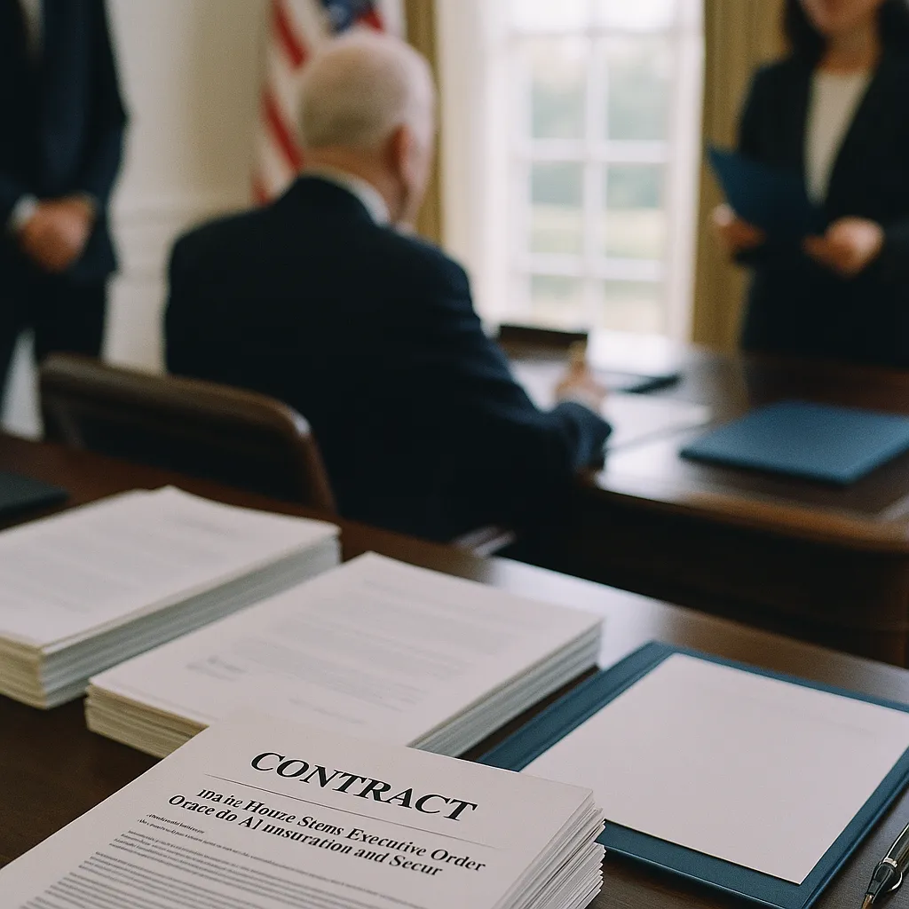 A Office featuring contracts, related to White House Signs Executive Order on AI Innovation and Secur