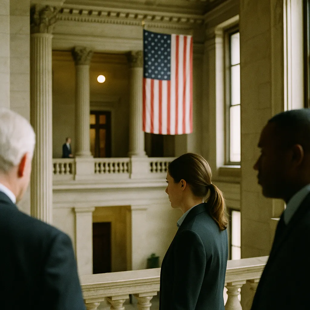 A government building interior related to Trump's 'Light-Touch' AI and Cyber Executive Order Signals A from an unusual angle or perspective