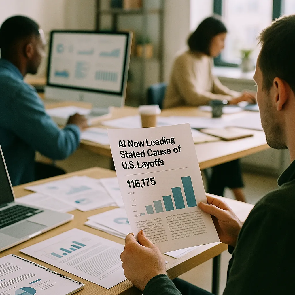 A modern workplace featuring fields, documents, related to AI Is Now the Leading Stated Cause of U.S. Layoffs — 116,175