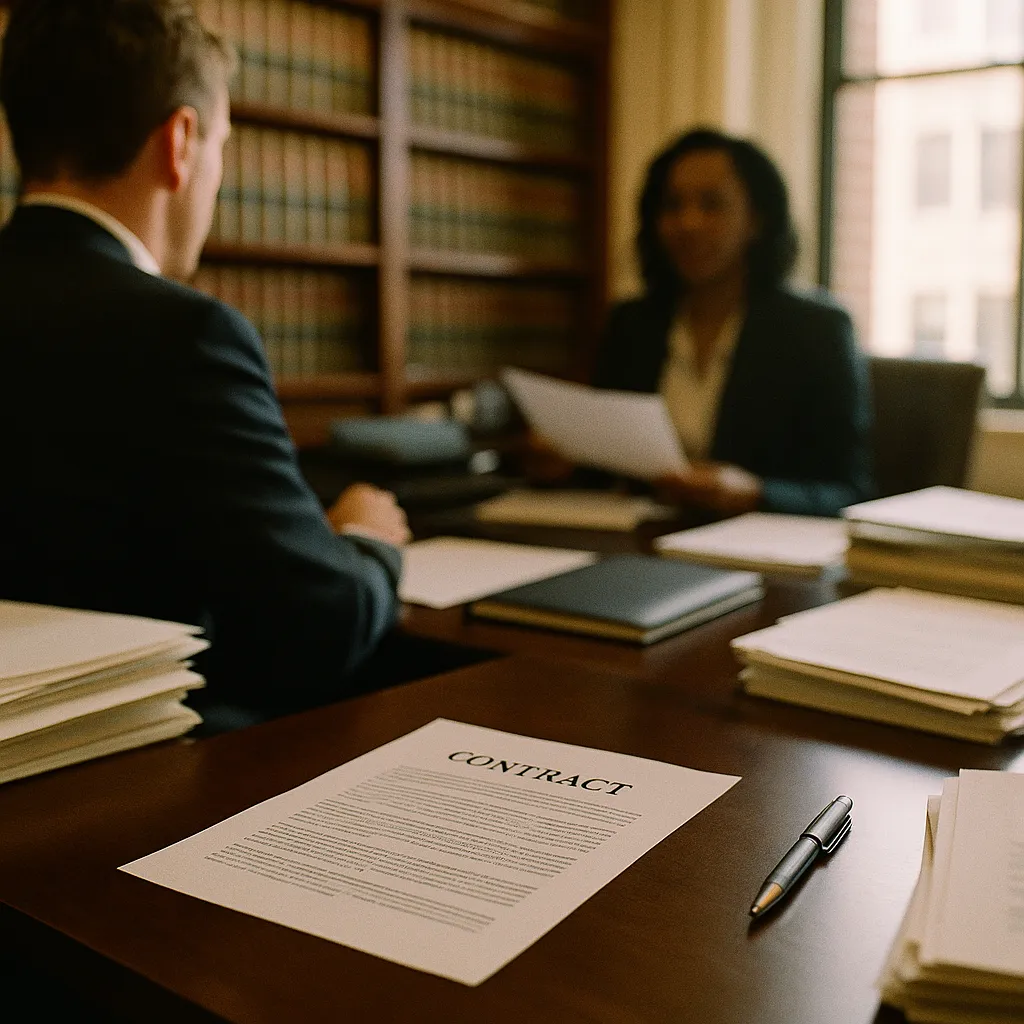 A law office featuring contract, documents, related to A US Law Firm Couldn't Escape Its AI Software Vendor. Now It from an unusual angle or perspective