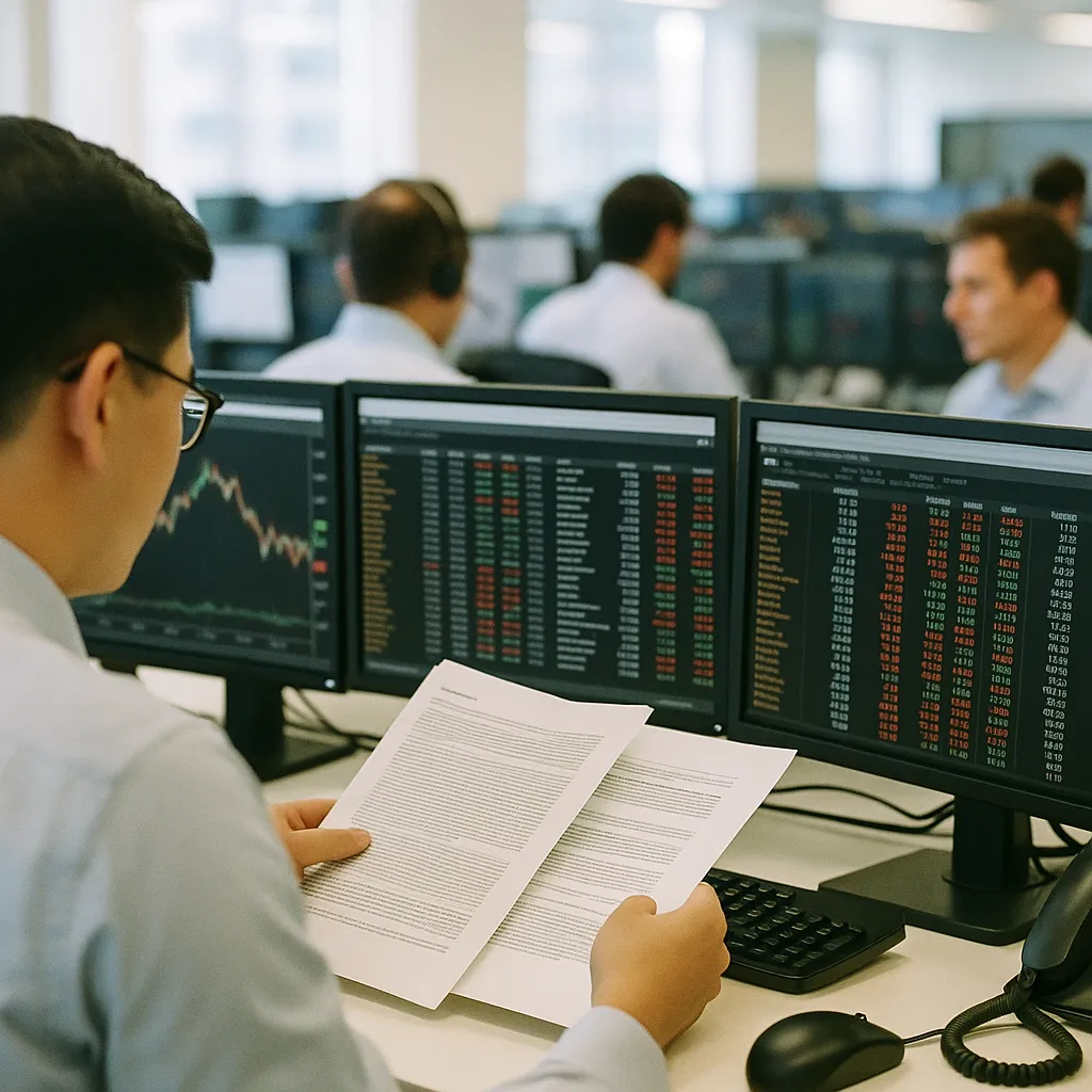 A financial trading floor featuring contracts, related to Ant International's AI Model Cuts FX Hedge Costs 60% — Citi,