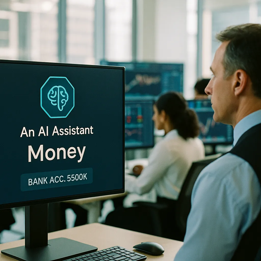A financial trading floor featuring interface, related to an AI safety company Tests 'an AI assistant Money': Bank Acc
