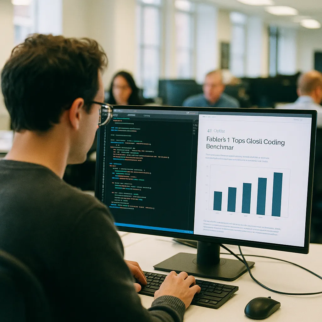 A newsroom where a person is Coding related to an AI safety company's Fable 5.1 Tops Global Coding Benchmar