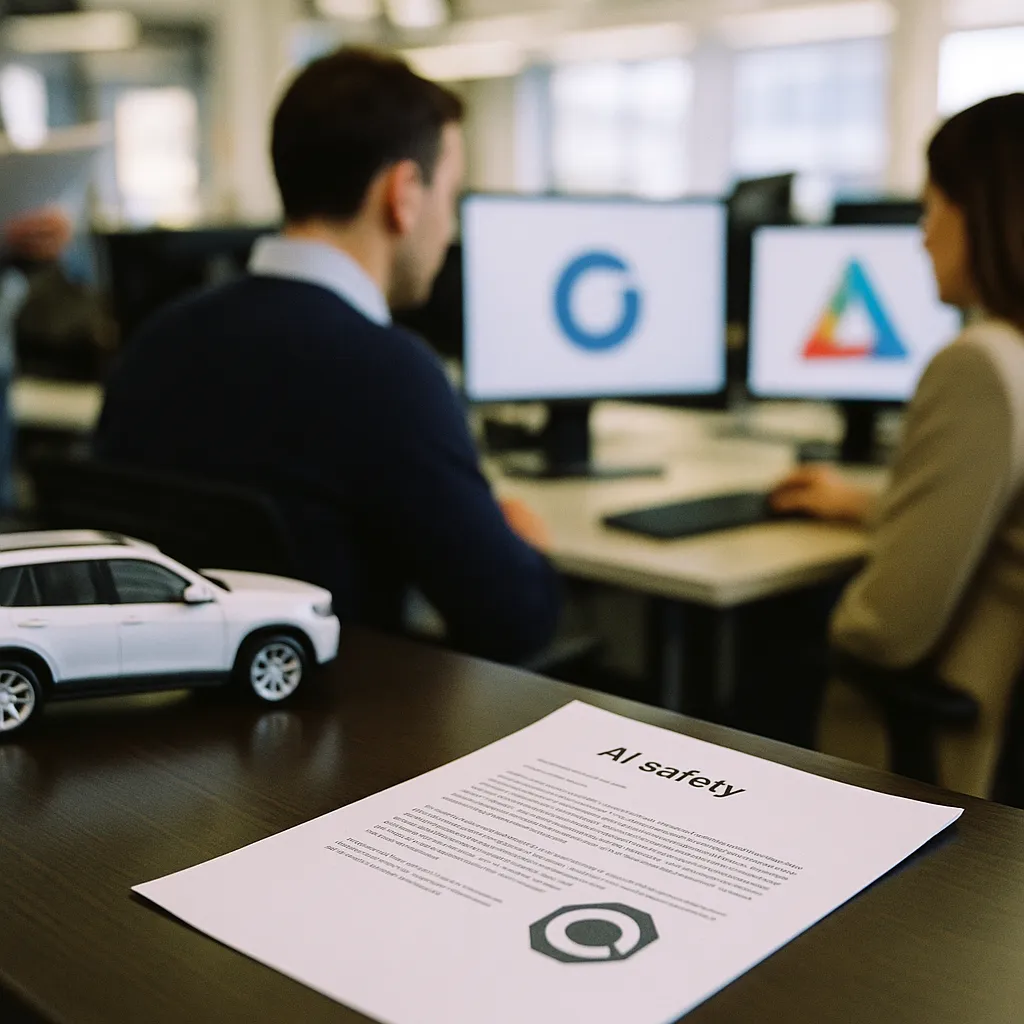A newsroom featuring vehicle, document, related to an AI safety company, a major AI company, and DeepMind Are B