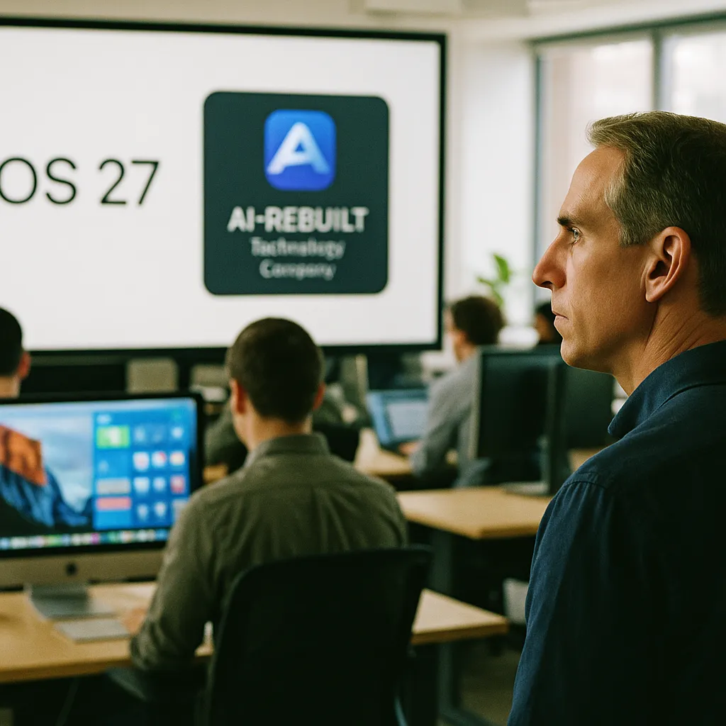 A newsroom featuring interface, related to AI-Rebuilt a technology company in iOS 27 as John Ternus Tak from an unusual angle or perspective