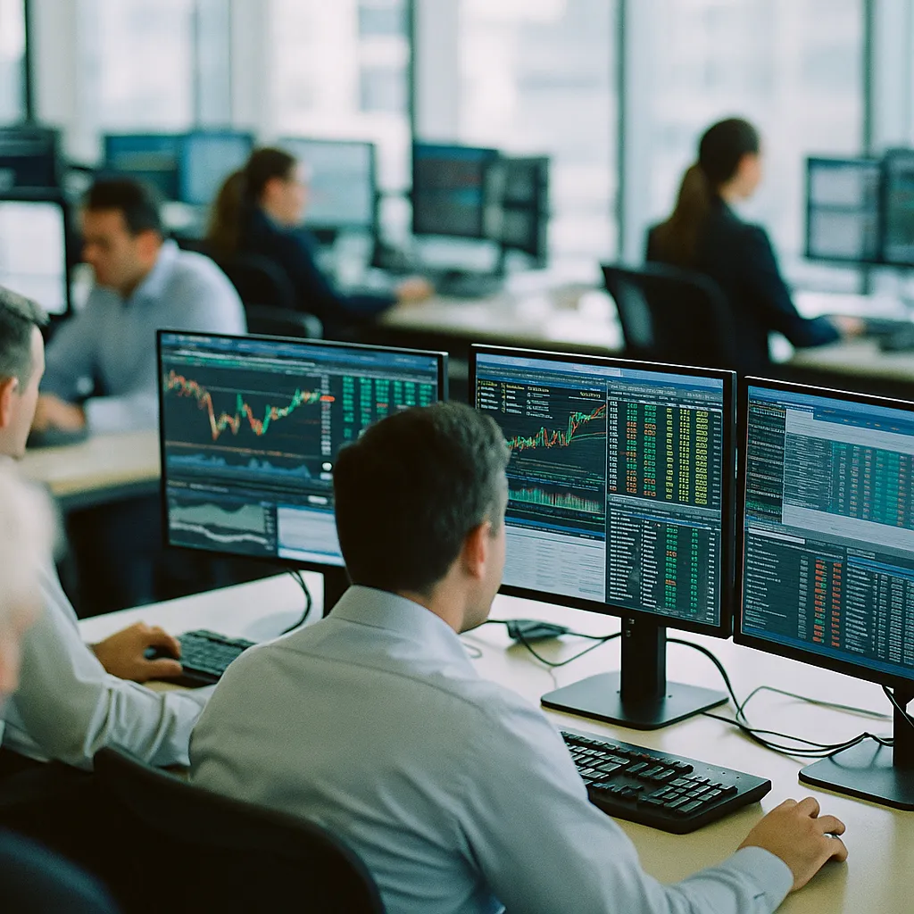 A financial trading floor related to Australia's Insurers Launch Cross-Carrier AI Fraud Detection from an unusual angle or perspective