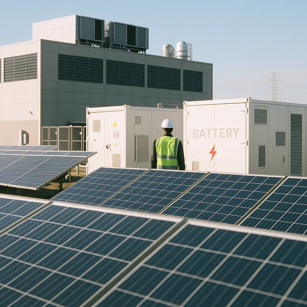A energy facility featuring Data Centers, battery, related to Co-Located Solar-Plus-Storage Investment Hits Record $25 Bil from an unusual angle or perspective