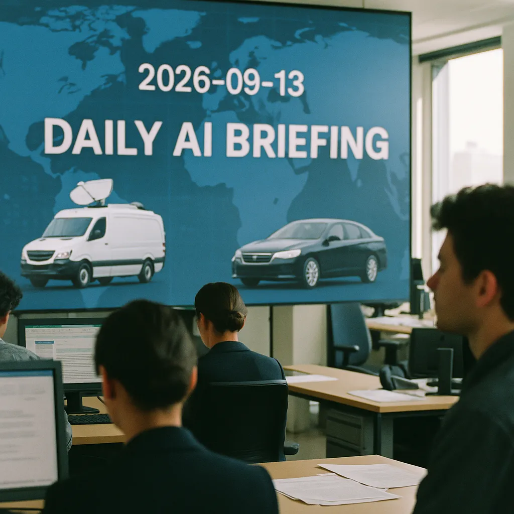 A newsroom featuring screen, vehicles, related to Daily AI Briefing — 2026-09-13
