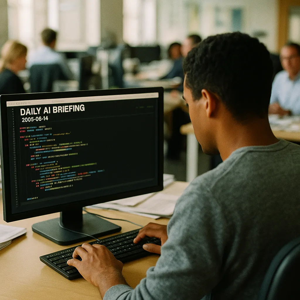 A newsroom where a person is coding related to Daily AI Briefing — 2026-09-14 from an unusual angle or perspective