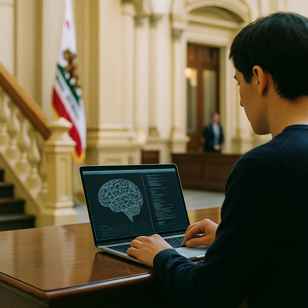 A government building interior where a person is testing related to California's Frontier AI Safety Bill Lands on Newsom's Desk  from an unusual angle or perspective