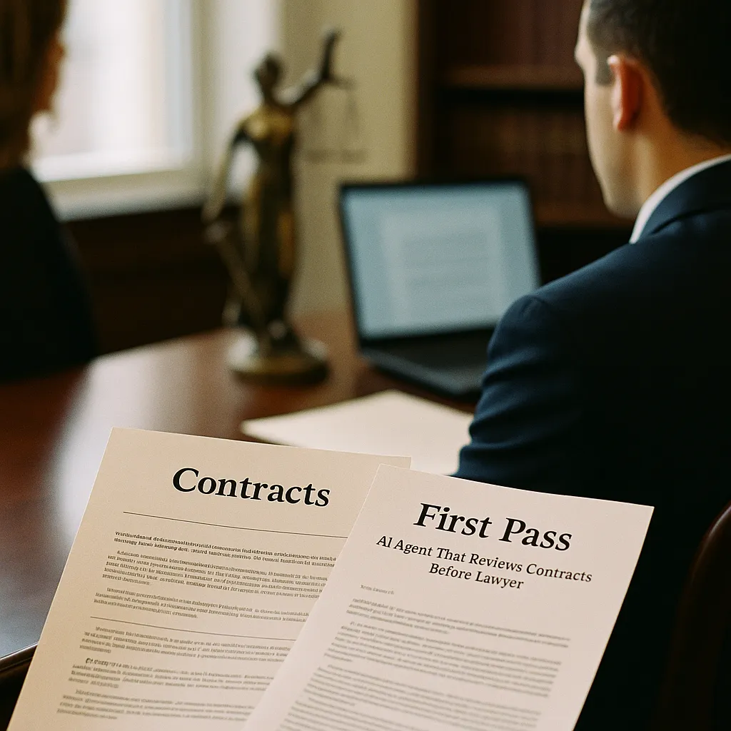 A law office featuring Contracts, contract, related to 'First Pass' — AI Agent That Reviews Contracts Before Lawyer from an unusual angle or perspective