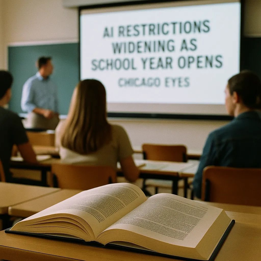 A university classroom featuring textbook, Screen, related to AI Restrictions Widening as School Year Opens: Chicago Eyes 