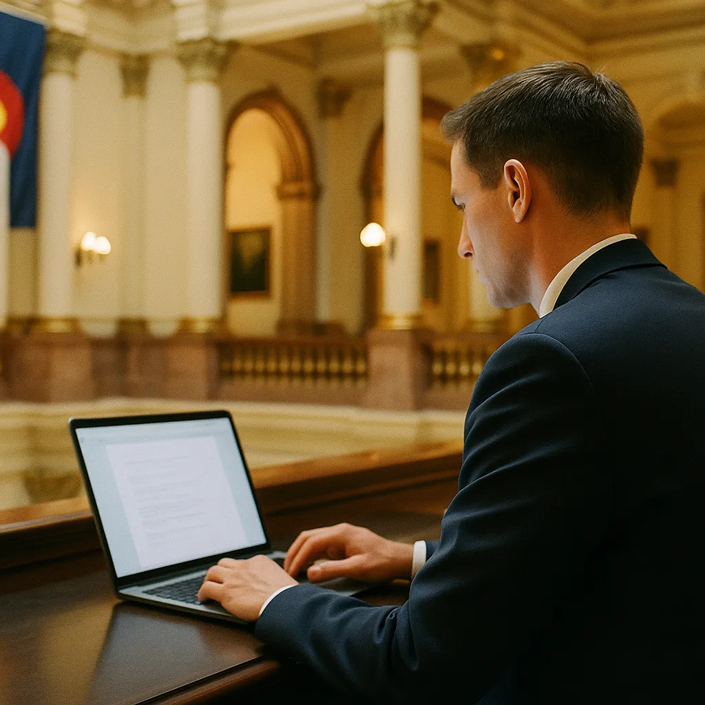A government building interior where a person is operating related to Colorado's Revised AI Rules Due September 23 as California B