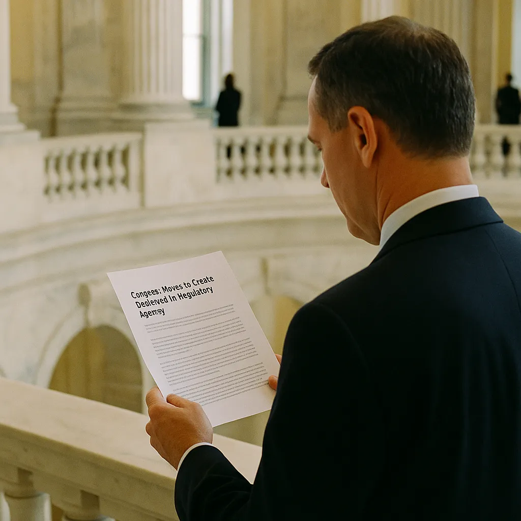 A government building interior where a person is reviewing related to Congress Moves to Create Dedicated AI Regulatory Agency Befo from an unusual angle or perspective