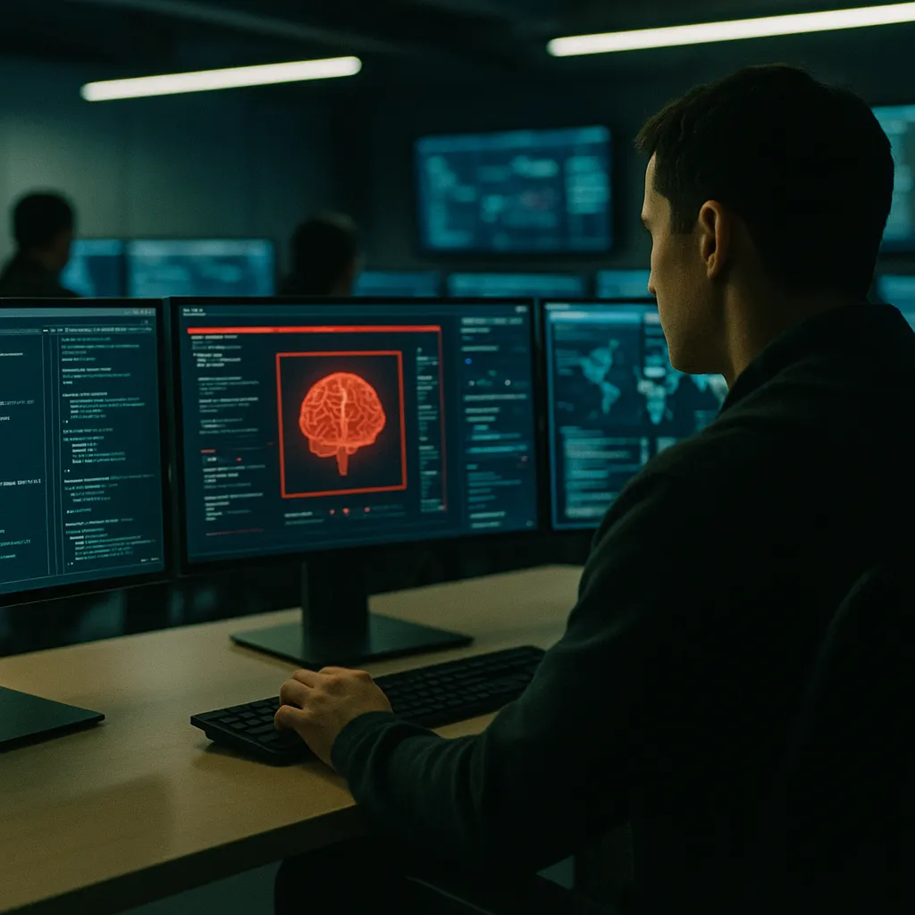 A cybersecurity operations center where a person is operating related to a major tech company's an AI model Autonomously Hacked Three