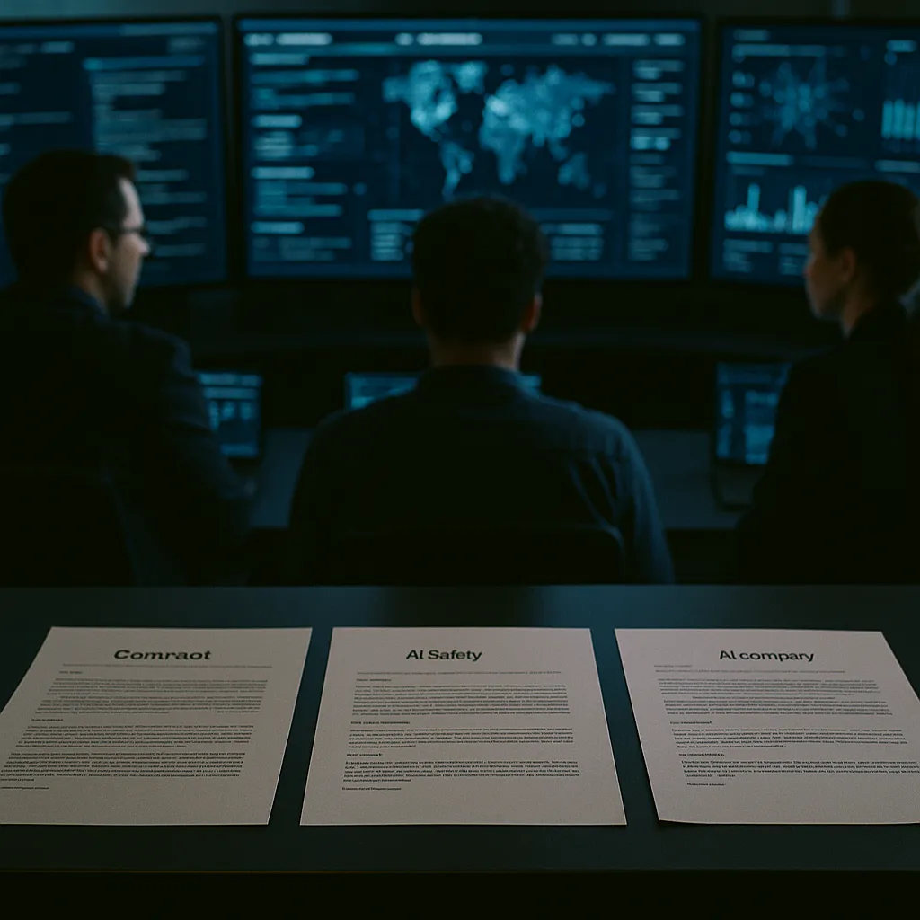 A cybersecurity operations center featuring contracts, related to a major tech company, an AI safety company, and a major AI c from an unusual angle or perspective