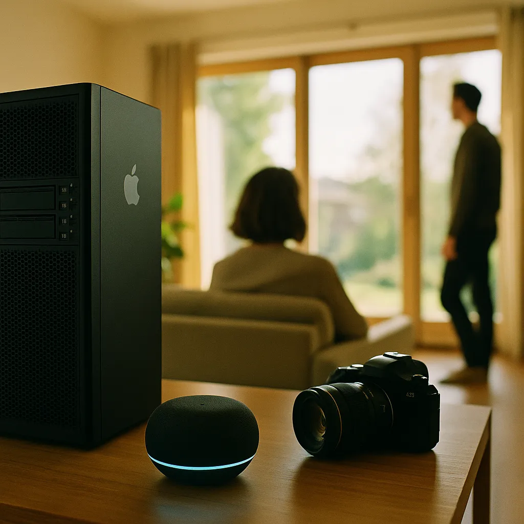 A modern home interior featuring server, camera, related to a major tech company Opens Its Smart Home to Any AI Agent —  from an unusual angle or perspective