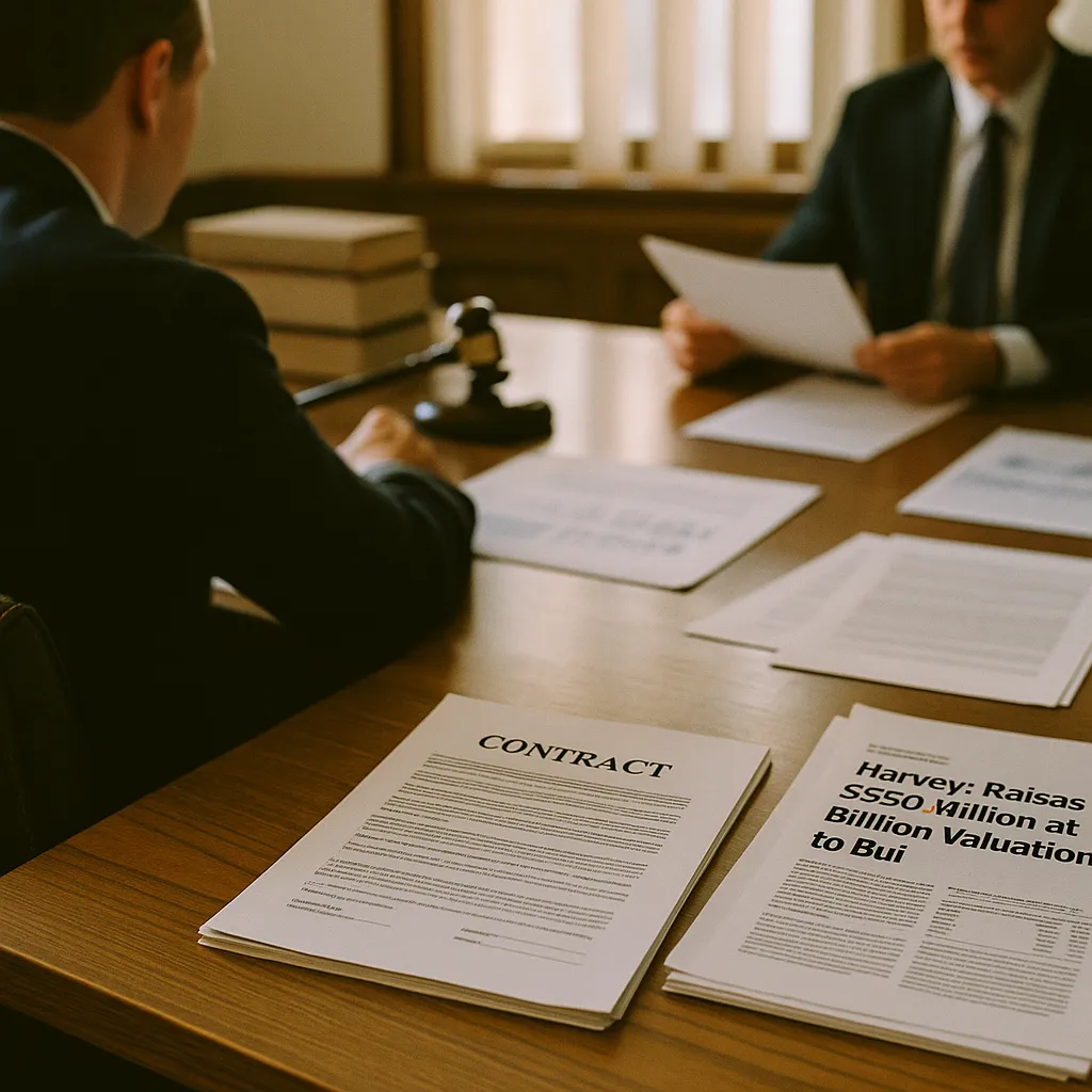 A law office featuring contract, documents, related to Harvey Raises $550 Million at $15.6 Billion Valuation to Bui from an unusual angle or perspective