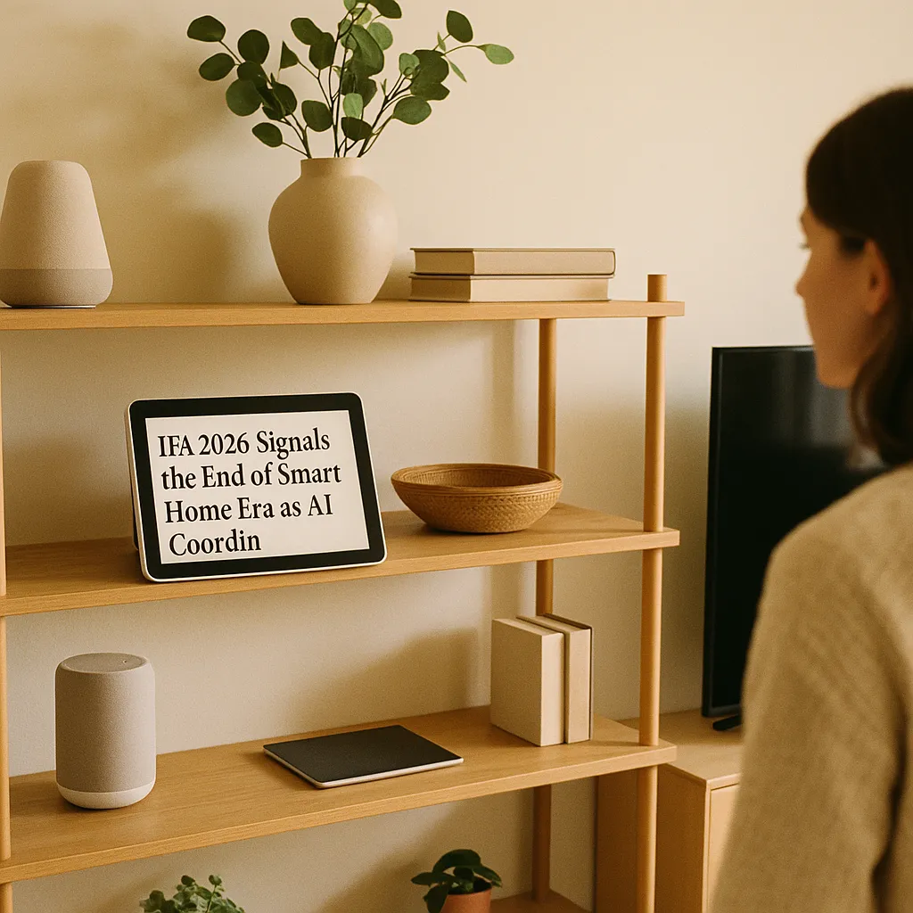 A modern home interior featuring shelves, screen, related to IFA 2026 Signals the End of the Smart Home Era as AI Coordin