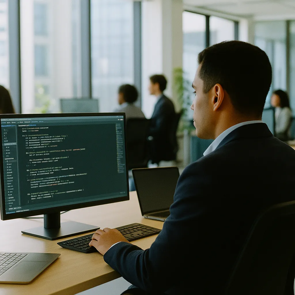 A modern corporate office where a person is coding related to AI Agent Startup Instinct Raises $1B Series C at $10B Valuat