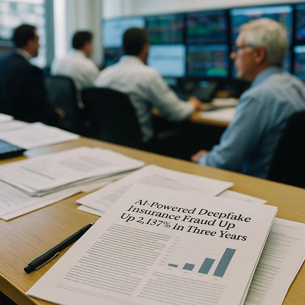 A financial trading floor featuring documents, document, related to AI-Powered Deepfake Insurance Fraud Up 2,137% in Three Years from an unusual angle or perspective
