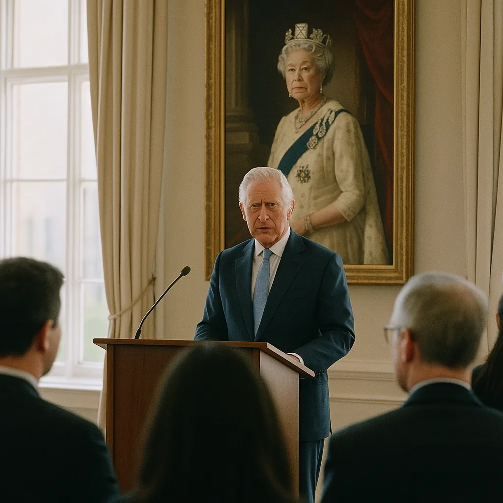 A conference room related to King Charles Warns AI Giants of 'Existential Dangers' at Dum