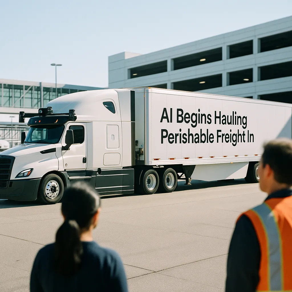 A transportation hub featuring vehicle, truck, related to a technology company AI Begins Hauling Perishable Freight in
