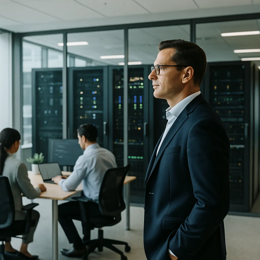 A modern corporate office featuring data centers, related to Enterprise AI Platform with Muse Agents, Hires MongoDB CEO t
