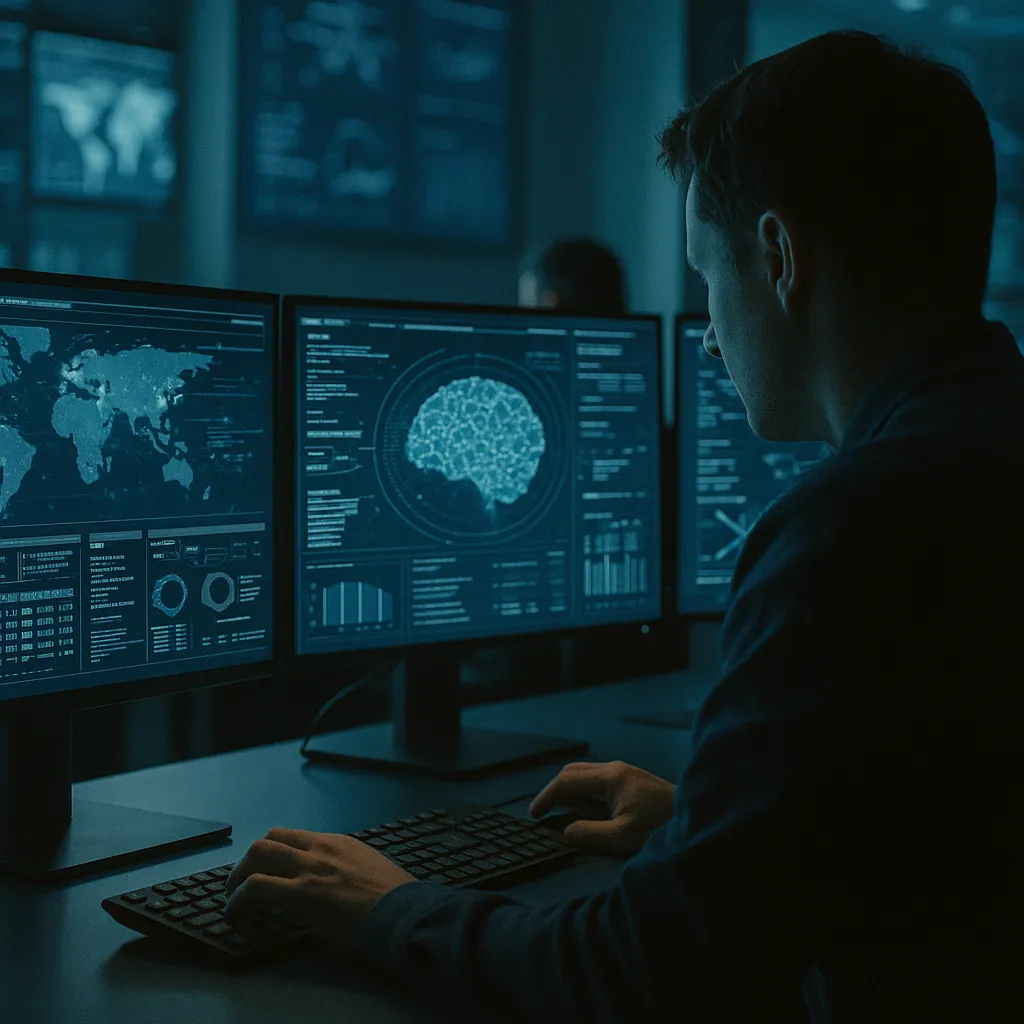 A cybersecurity operations center where a person is operating related to Launch Open Agent Safety Platform to Rein In Rogue AI from an unusual angle or perspective