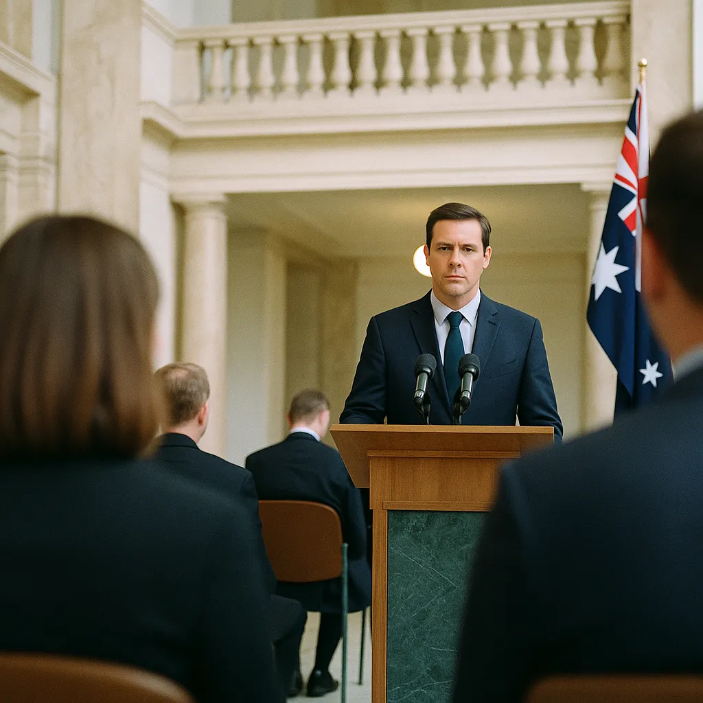 A government building interior related to a major AI company Apologizes After AI Systems Breach Austra from an unusual angle or perspective