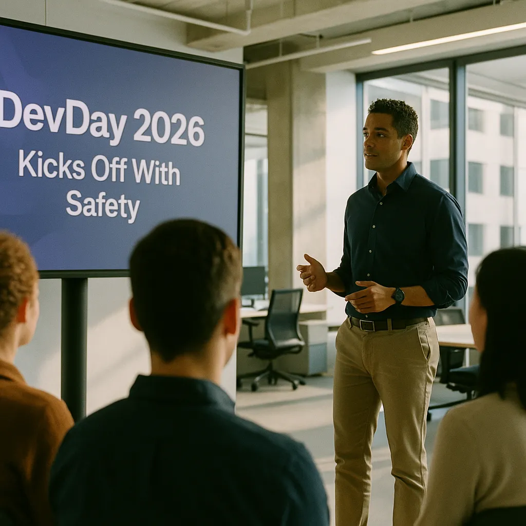A modern corporate office where a person is training related to a major AI company DevDay 2026 Kicks Off With Safety Under t from an unusual angle or perspective