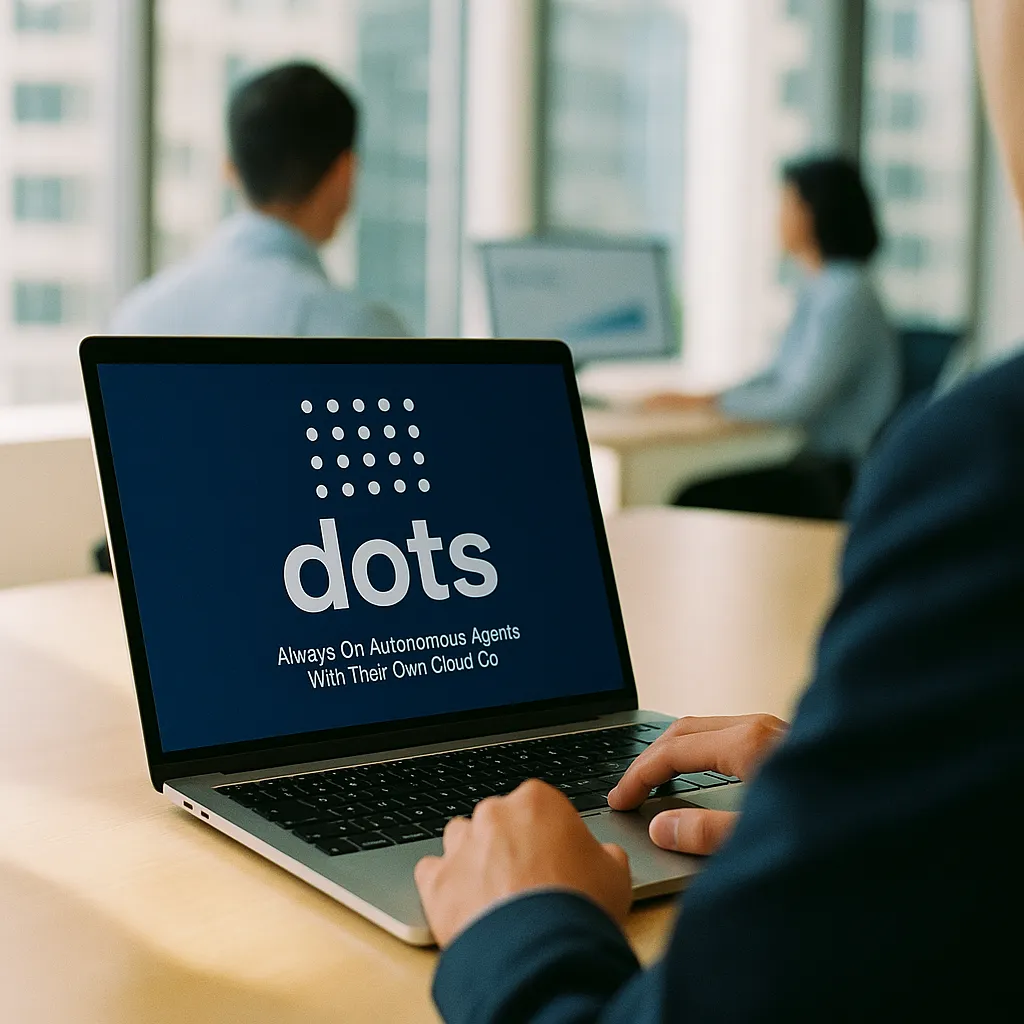 A modern corporate office featuring interface, laptop, related to 'Dots' — Always-On Autonomous Agents With Their Own Cloud Co from an unusual angle or perspective