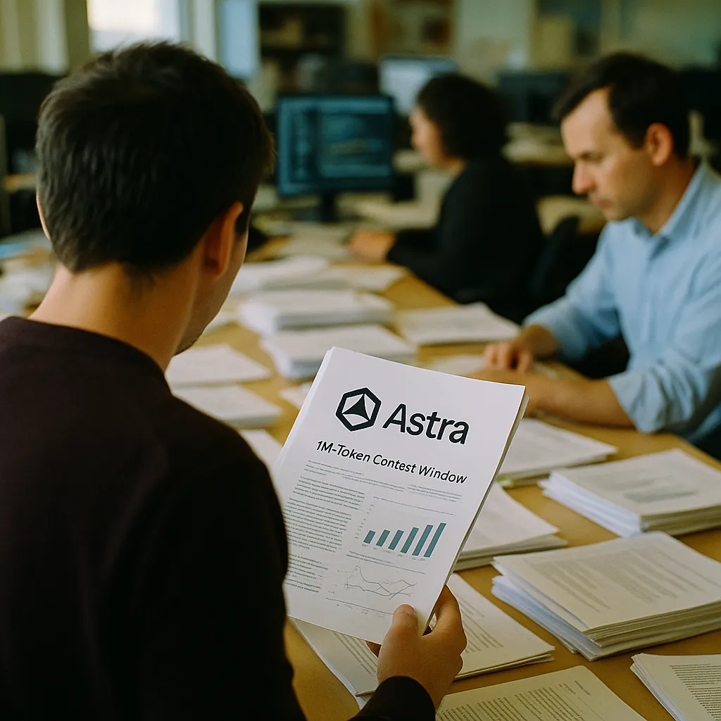 A newsroom featuring patient, documents, related to a technology company-6 Astra with 1M-Token Context Window an from an unusual angle or perspective