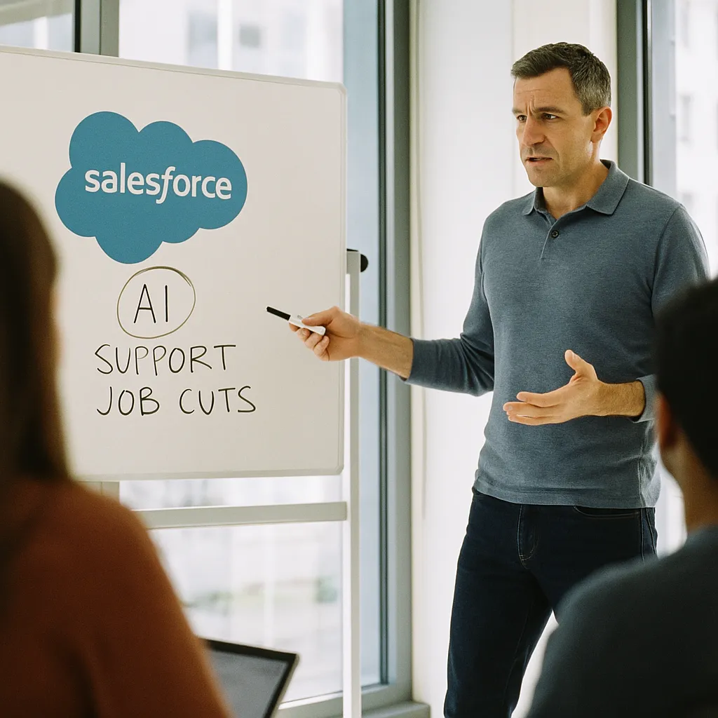A modern workplace where a person is demonstrating related to Salesforce Cuts 4,000 Support Roles After AI Agents Take Ove