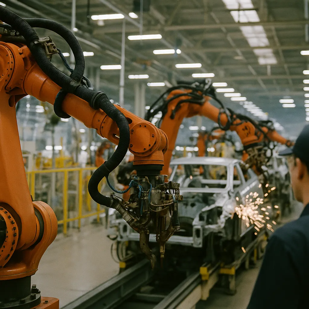 A Factory featuring Robots, robots, related to Toyota Maps Path to 400,000 Robots and $6.4B Annual Spend Ac from an unusual angle or perspective
