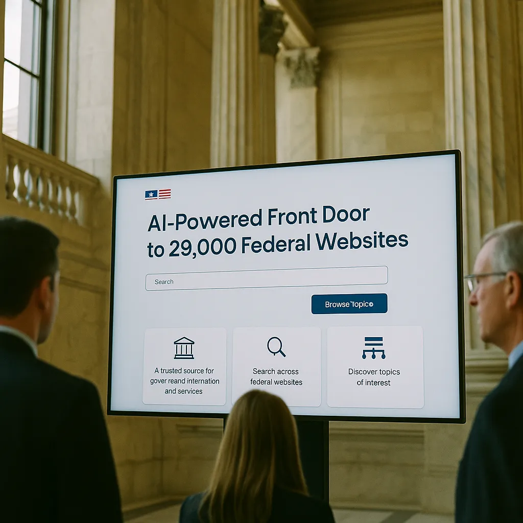 A government building interior featuring interface, related to America.gov — AI-Powered Front Door to 29,000 Federal Websit from an unusual angle or perspective