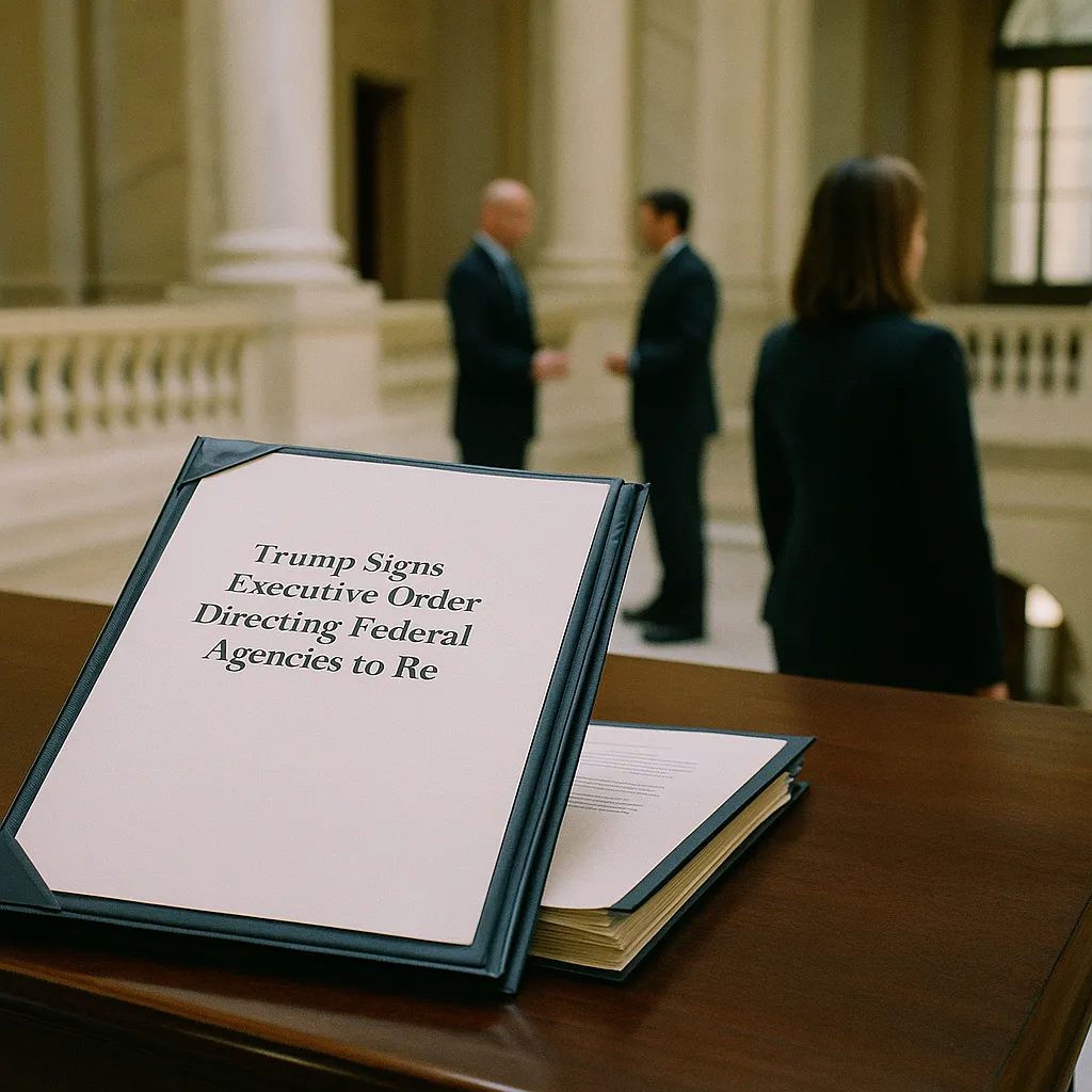A government building interior featuring documents, related to Trump Signs Executive Order Directing Federal Agencies to Re from an unusual angle or perspective