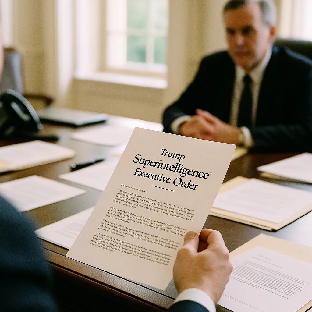 A office featuring documents, related to Trump Signs 'Super a technology companyligence' Executive Or