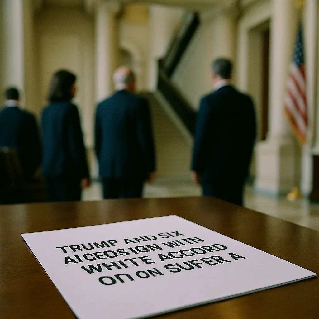 A government building interior featuring document, related to Trump and Six AI CEOs Sign White House Accord on Super a tec from an unusual angle or perspective